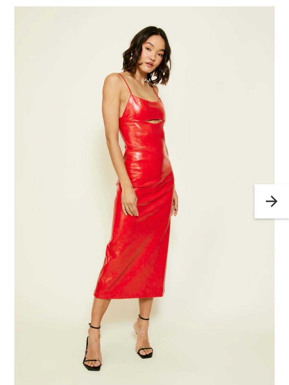Line & Dot Red Faux-Leather Midi Slip Dress with Front Cutout